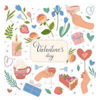 valentijnsdag dag poster met decoratief romantisch elementen. achtergrond van liefde, bloemen, harten, geschenken, koekje, bril, BES. vrouwen handen met bril. belettering zinnen. vector illustratie.