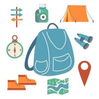 eco-reizen set. camping apparatuur, ecotoerisme. vector illustratie. kamp