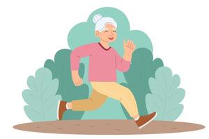 ouderen vrouw jogging in de park. Gezondheid en zelfzorg. vector illustratie.