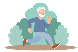 een ouderen Mens jogging in de park. Gezondheid en zelfzorg. vector illustratie.