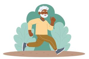 ouderen Mens is rennen in park. gezond levensstijl. vector illustratie.