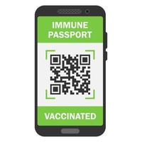 reizen immuun paspoort in mobiele telefoon. covid-19 immuniteitscertificaat voor veilig reizen of winkelen. elektronisch gezondheidspaspoort met qr-code. immuniteit digitaal document van coronavirus vector