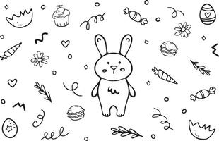 konijn konijn. schattig tekening elementen voor Pasen, vector reeks met wortel, eierschaal, snoep, gekleurde eieren. hand- getrokken illustratie