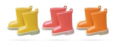 een paar- van regen rubber laarzen 3d realistisch minimaal rood geel en oranje schoenen pictogrammen reeks vector