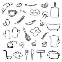 keuken doodles icoon set. hand- getrokken lijnen keuken Koken gereedschap vector