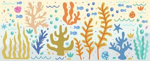 vector onderzees reeks met kleurrijk zeewier, vissen, schelpen, bubbels, golven en zeesterren