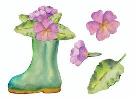 hand- getrokken waterverf illustratie voorjaar tuinieren schoenen, groen rubber laarzen met bloemen en bladeren. samenstelling geïsoleerd Aan wit achtergrond. ontwerp afdrukken, winkel, scrapbooken, verpakking, decoupage vector