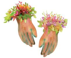 hand- getrokken waterverf illustratie voorjaar tuinieren dragen, bruin leer handschoenen met bloemen en bladeren. samenstelling geïsoleerd Aan wit achtergrond. ontwerp afdrukken, winkel, scrapbooken, verpakking, decoupage vector