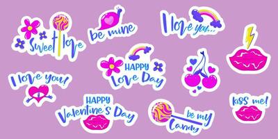 Valentijnsdag dag citaten reeks stickers met lippen en kromme tekst. valentijnsdag stickers voor afdrukbaar. vector illustratie