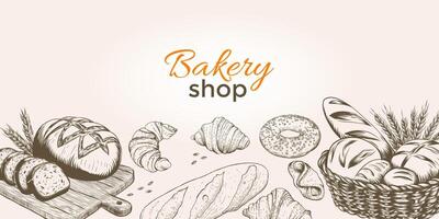 wijnoogst bakkerij banners met geschetst brood en gebakje vector set. voor bakken, bakkerij winkel, Koken, zoet producten, nagerecht, gebakje. vector illustratie voor poster, banier, omslag, folder, menu,