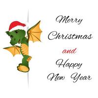 groet kaart met groen draak. schattig weinig draak in Kerstmis hoed. vector