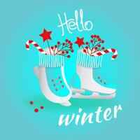 Hallo winter. winter ansichtkaart met schaatsen, karamel riet, sterren Aan wit achtergrond. vector