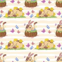 naadloos patroon met tekenfilm Pasen kat met konijn oren en kippen geïsoleerd Aan pastel achtergrond. vector