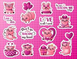 reeks van gedrukt stickers met tekenfilm kawaii varkens in liefde. schattig dieren voor Valentijnsdag dag vector
