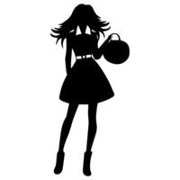 silhouet van vrouw vervelend hoog hakken , staand houding Holding een tas, Aan een wit achtergrond vector