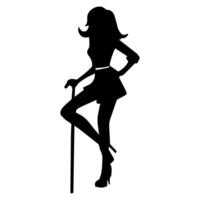 silhouet van vrouw vervelend hoog hakken , staand houding Holding een wandelen stok, Aan een wit achtergrond vector