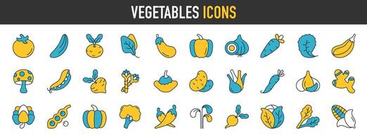groenten icoon set. met tomaat, paddestoel, wortel, maïs, rode biet, aardappel, radijs, broccoli en ui pictogrammen verzameling vector illustratie.