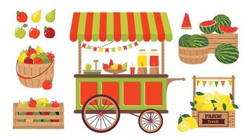 een reeks van illustraties van boerderij groenten, fruit en een straat boodschappen doen kar. een boer kraam met lokaal voedsel. watermeloenen, appels, citroenen in de assortiment. vector clip art.