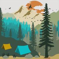 Woud camping landschap vlak vector kunst illustratie, retro wijnoogst poster, tekenfilm kleurrijk vlak vector illustratie.
