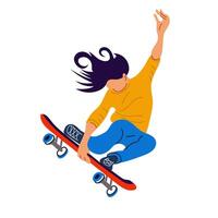een jong meisje ritten een skateboard, springt en presteert trucs. poster van de Internationale skateboarden dag. banier met helder mensen voor de vakantie Aan juni 21. vector