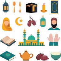reeks van gedetailleerd Islamitisch pictogrammen geschikt voor web ontwerp, leerzaam materialen, religieus organisaties, en cultureel evenementen. moskee, halve maan, kalligrafie, en meer. Ramadan elementen illustratie. vector