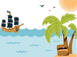 piratenschip vaart naar een onbewoond eiland met een schatkist. avontuur concept voor kinderen. vector hand getekende illustratie