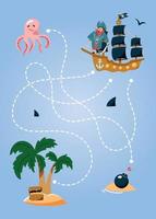 help het piratenschip de weg naar het eiland te vinden. leuke cartoon piraten doolhofspel. labyrint. grappig spel voor kinderen onderwijs. vector illustratie