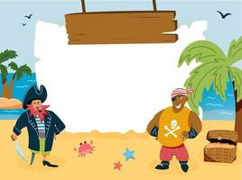 piraten met een kist met goud op een eiland in de zee. achtergrond met houten uithangbord, sjabloon voor spandoek met plaats voor tekst vector