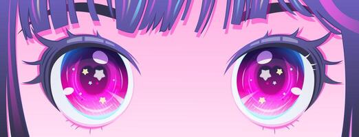 helder animatie, manga ogen met sterren in neon kleuren. vector banier met de ogen van Japans meisje
