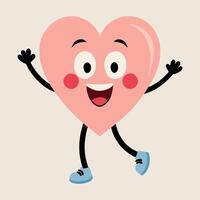 groovy tekenfilm gelukkig hart karakter. romantisch vlak stijl illustratie, gevoelens van liefde. schattig glimlachen roze hart vector