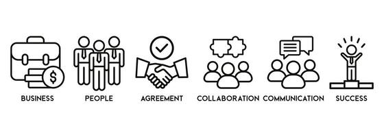 bedrijf mensen banier web icoon vector illustratie concept met de icoon van samenwerking, bedrijf, mensen, overeenkomst, communicatie en succes