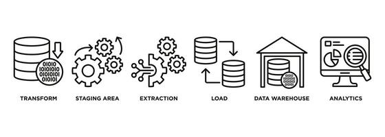 etl banier web icoon vector illustratie concept van extract transformeren laden met icoon van extractie, enscenering Oppervlakte, gegevens magazijn en analytics