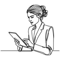 bedrijf vrouw hand- Holding modern slim telefoon model. doorlopend zwart single lijnen tekening kunst icoon. vinger aanraken blanco scherm transparant achtergrond vector