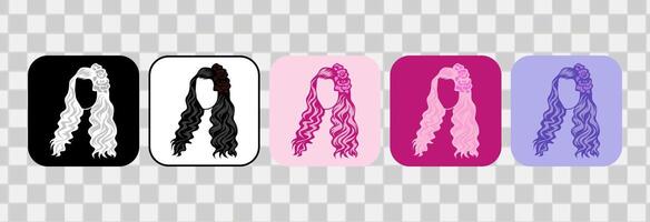 reeks van Dames haar- pictogrammen. silhouet hand getekend schets. voor logo, klem kunst, symbool, sticker, of web ontwerp. 600 px X 600 px rechthoekig icoon, vector vlak illustratie.