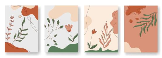 reeks van botanisch muur kunst vector. gebladerte lijn kunst tekening met abstract vorm geven aan. abstract fabriek kunst ontwerp voor afdrukken, omslag, behang, minimaal en natuurlijk muur kunst. vector