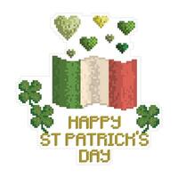 plein vector illustratie gelukkig st Patrick dag met Iers vlag, Klaver, en harten. pixel kunst.
