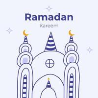 poster voor Ramadan kareem in kinderachtig naief stijl. Islamitisch groet kaart met moskee, maan halve maan, sterren in de lucht. sjabloon voor banier, website ontwerp, media voor Ramadan maand evenementen vector
