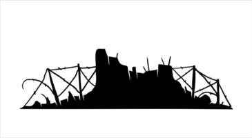 met weerhaken draad. silhouet van leger barricades. defensief vestingwerken. landschap van modern leger conflict. zwart illustratie geïsoleerd Aan wit vector