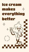 wijnoogst poster met retro ijs room karakter. vector illustratie. grappig toetje mascotte in retro stijl. jaren 70 nostalgie.