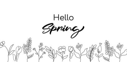 Hallo voorjaar lijn kunst banier met elegant bloemen. vector