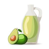 avocado geheel en voor de helft. avocado olie. gezond groenten en vegetarisch voedsel. vers biologisch voedsel, gezond aan het eten. gemaakt in tekenfilm vlak stijl vector
