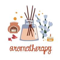 illustratie van aromatherapie. wierook stokken, spa kaarsen en kruiden. vector