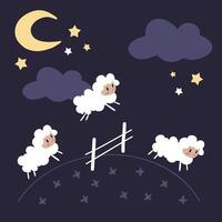 illustratie van tellen schapen. schattig schapen springen over- de hek Bij nacht. vector