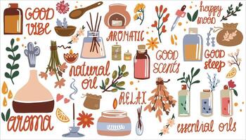 verzameling van aromatherapie, kruiden geneeskunde en alternatief homeopathie. essentieel oliën, kaarsen en kruiden. vector