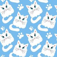 naadloos patroon van een wit katje en poot prints Aan een blauw achtergrond. vector