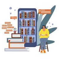 de concept van een online bibliotheek, boekhandels. toepassingen voor lezing en downloaden boeken, audioboeken. vector