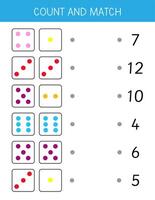 bij elkaar passen werkzaamheid voor kinderen. bij elkaar passen Dobbelsteen en nummers. tellen spel voor peuter- onderwijs. wiskunde werkblad voor kinderen. leerzaam spel vector