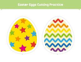 Pasen eieren snijdend praktijk werkzaamheid voor peuter- en kleuterschool kinderen. leerzaam spel voor kinderen. schaar vaardigheden vector