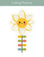 snijdend praktijk werkzaamheid met schattig bloem. voorjaar werkblad voor kinderen. leerzaam spel voor peuter- en kleuterschool kinderen vector