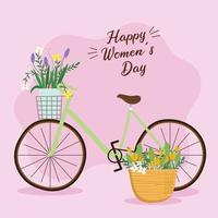 gelukkige vrouwendag belettering kaart met bloemen in fiets vector